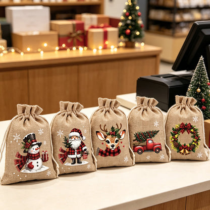 🎁 Julegaveposer med snøring – festlige nisse- og reinsdyrmotiver, dobbel snøring og slitesterkt stoff – juleglede i hver gave ✨