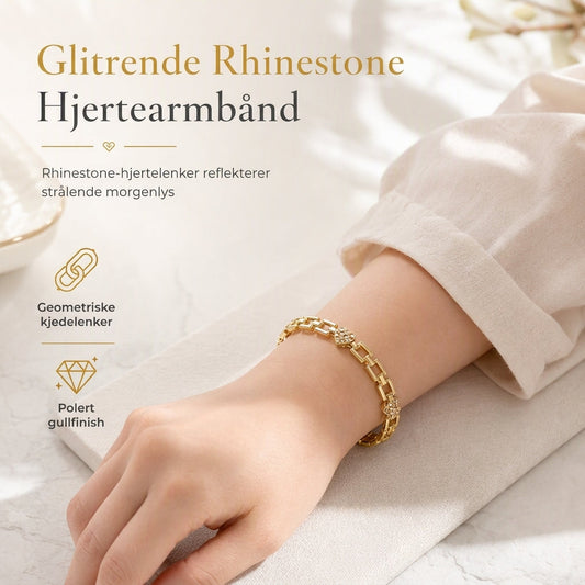 ✨ 50 % RABATT! ✨ Gullarmbånd med hjerte- og firkantede hule lenker og rhinsteiner – Håndsatte rhinsteinshjerter, polert gullspenne og lette geometriske lenker – Parisisk eleganse til ethvert antrekk 💛