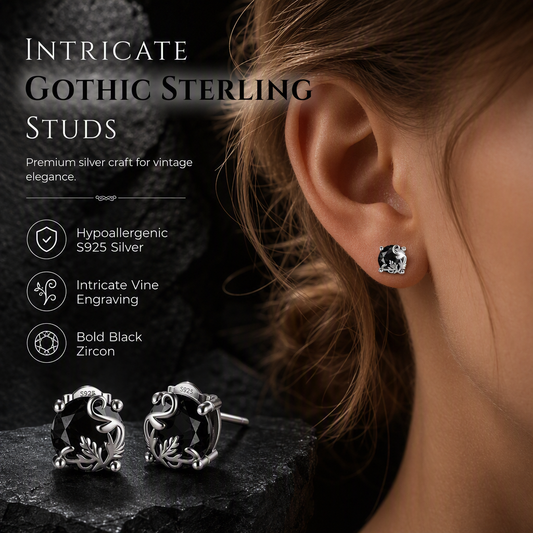 🖤 70 % RABATT! ✨ Gotiske øredobber med rankemotiv – allergivennlig S925 sterlingsølv, mystisk svart kubisk zirkonia og utsøkt vintage-gravering – lett og mørk eleganse til hverdagsbruk 🎀