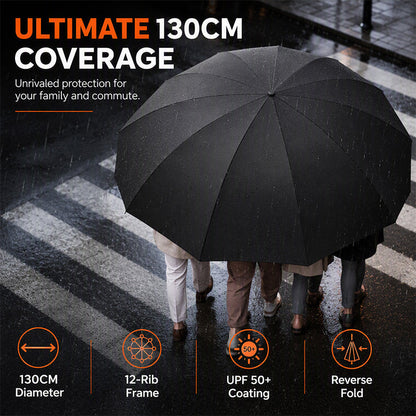 ☂️50 % RABATT NÅ! Ekstra stor sammenleggbar paraply – 130 cm, 12 ribber, vindtett paraply med omvendt sammenleggning, UPF50+ solbeskyttelse, stor paraply for familiens daglige reiser og friluftsliv